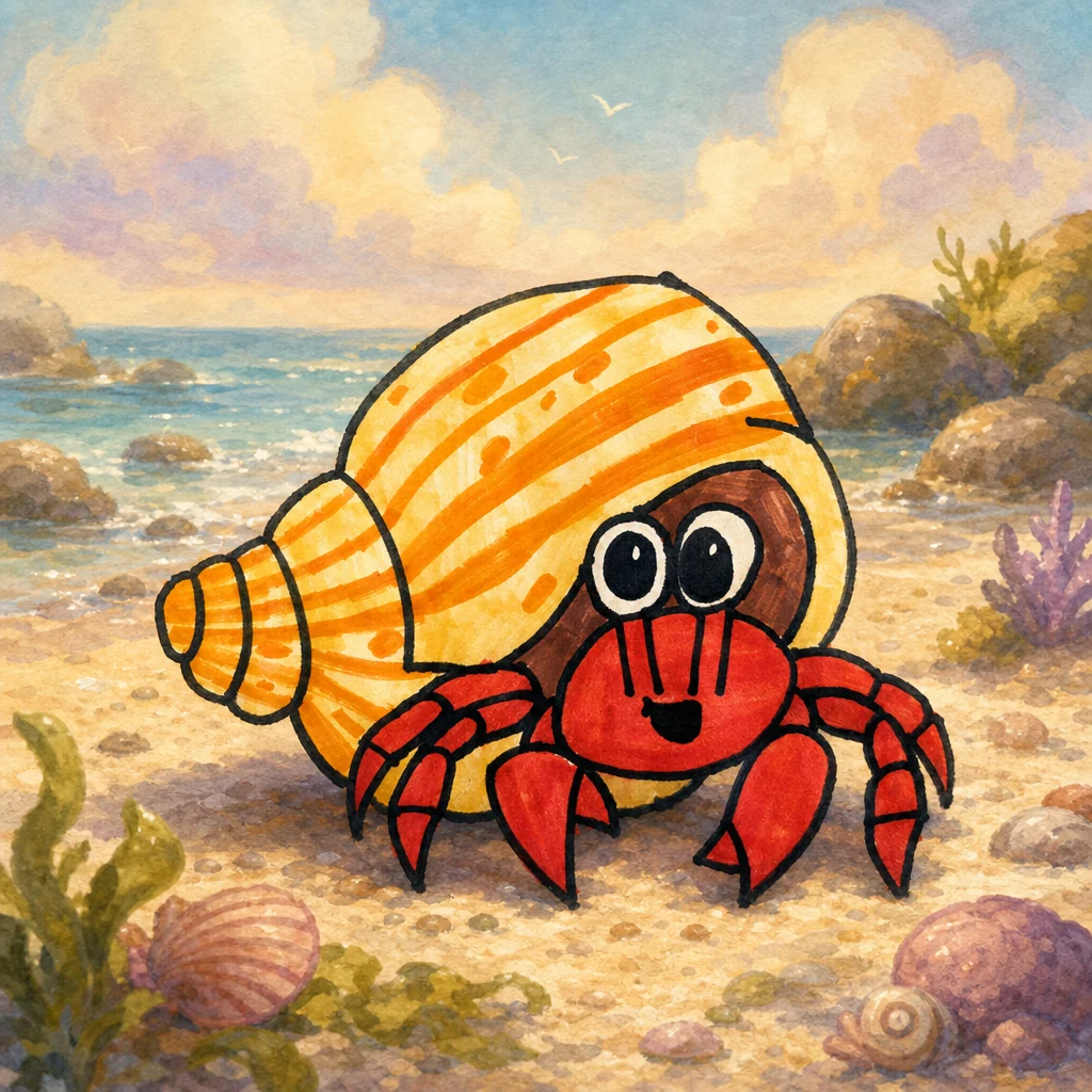 Storybook illustration based on Weston's Hermit Crab Hideout