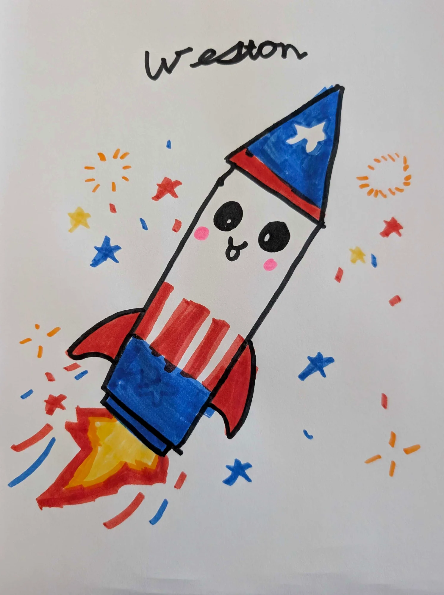 Weston's original marker drawing of Smiling Star Rocket